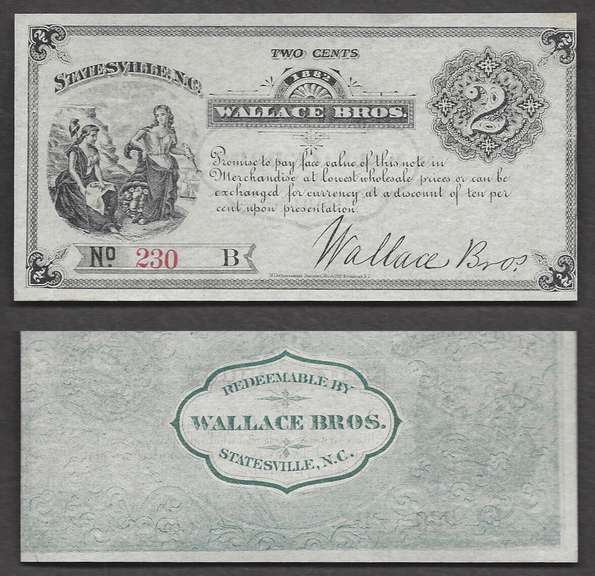 2 cent Obsolete 1882 Wallace Brothers Statesville, NC Uncirculated