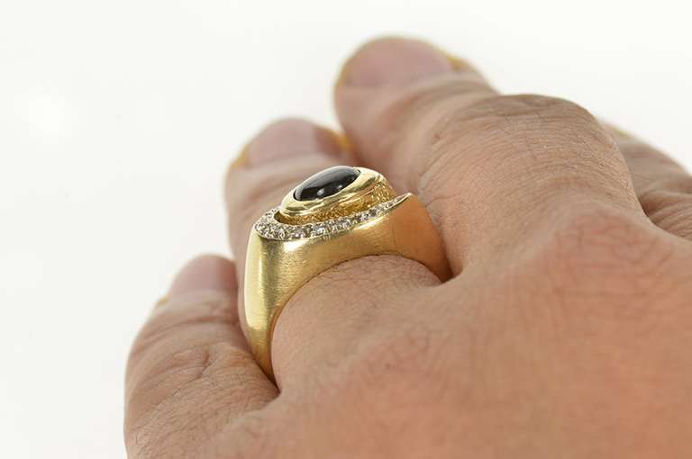 14K Yellow Gold Retro Black Star Sapphire Diamond Statement Ring