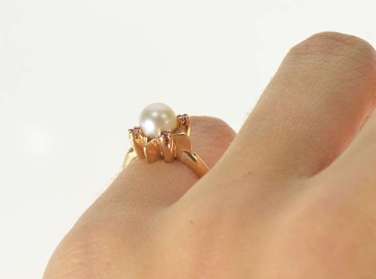 10K Yellow Gold Retro Pearl Ruby Star Cluster Statement Ring