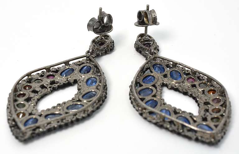 Stunning Multi Colored Gemstone & Diamond Earrings set in Antiqued  Silver