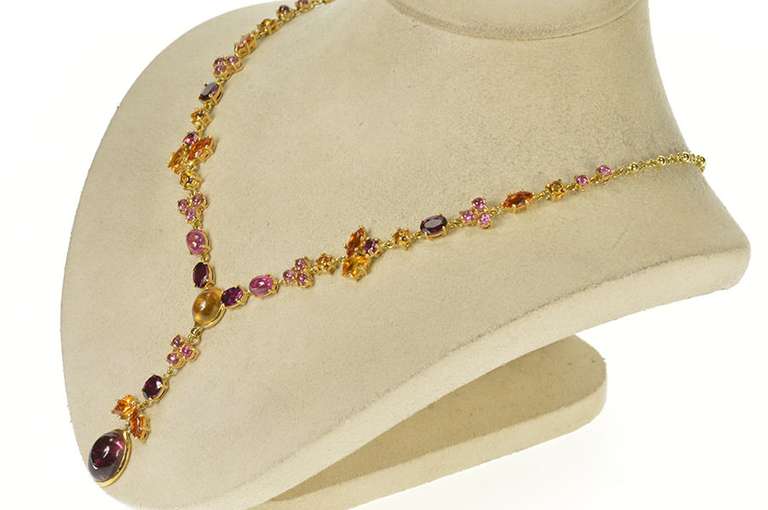 18K Yellow Gold Tourmaline Citrine Floral Drop Statement Necklace