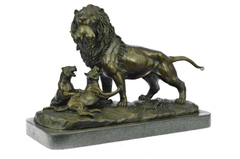Male Lion with Cubs Bronze Figurine