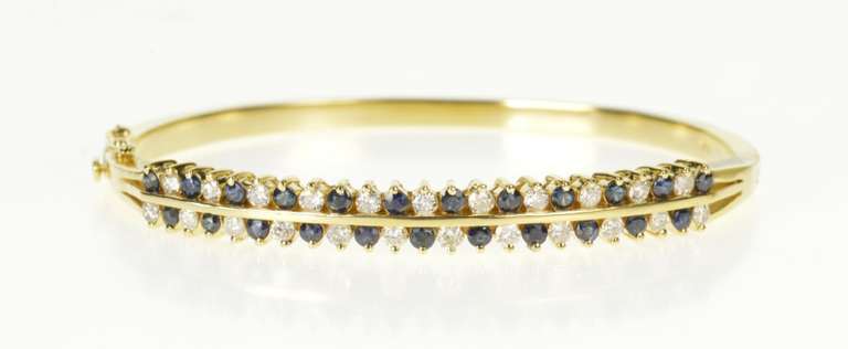 14K Yellow Gold 1.76 Ctw Diamond Sapphire Inset Oval Bangle Bracelet