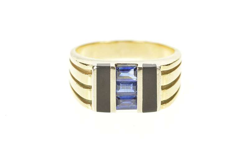 14K Yellow Gold Baguette Sapphire Black Onyx Squared Men's Ring