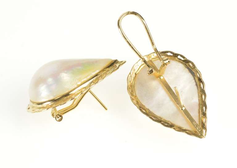 14K Yellow Gold Pear Baroque Pearl Scalloped Trim French Clip Earrings