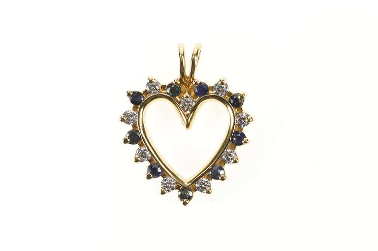 14K Yellow Gold 0.72 Ctw Diamond Sapphire Classic Heart Pendant