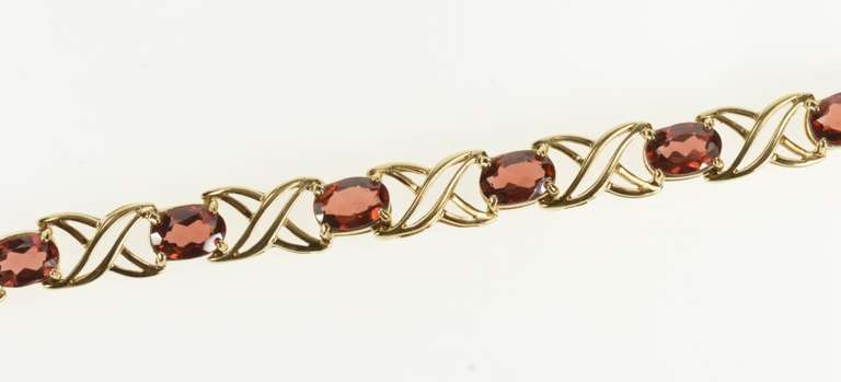 10K Yellow Gold Oval Garnet Criss Cross X Link Tennis Bracelet