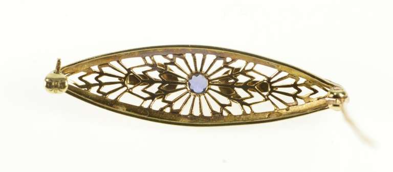 14K Yellow Gold Two Tone Filigree Floral Sapphire Art Deco Pin/Brooch