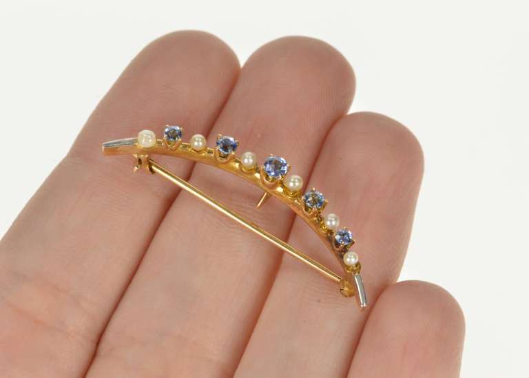 14K Yellow Gold Victorian Seed Pearl Syn. Sapphire Moon Pin/Brooch