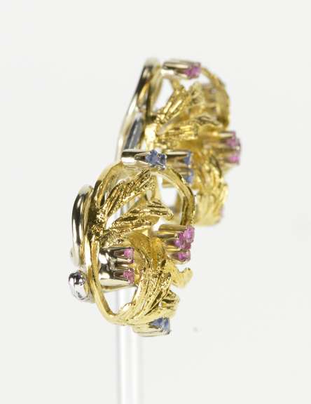 18K Yellow Gold 2/3 Ctw Ruby Sapphire Diamond Retro Wreath Earrings