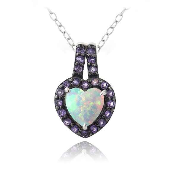 Sterling Silver Created White Opal & Amethyst Heart Drop Pendant