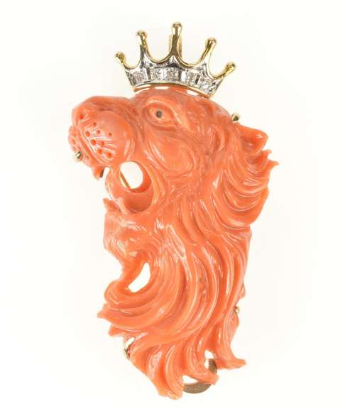 14K Yellow Gold Exquisite Coral Roaring Lion Diamond Crown Pendant/Pin