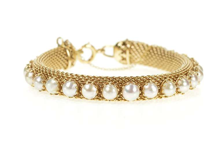 14K Yellow Gold Retro 1960's Pearl Mesh Chain Statement Bracelet