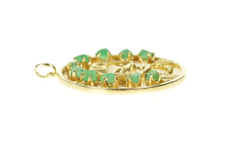 18K Yellow Gold Ornate Stylized Peruvian Face Raw Emerald Pendant