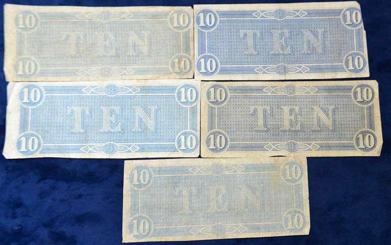 Lot of 5 Confederate Circulated  1864 Ten Dollar  Notes