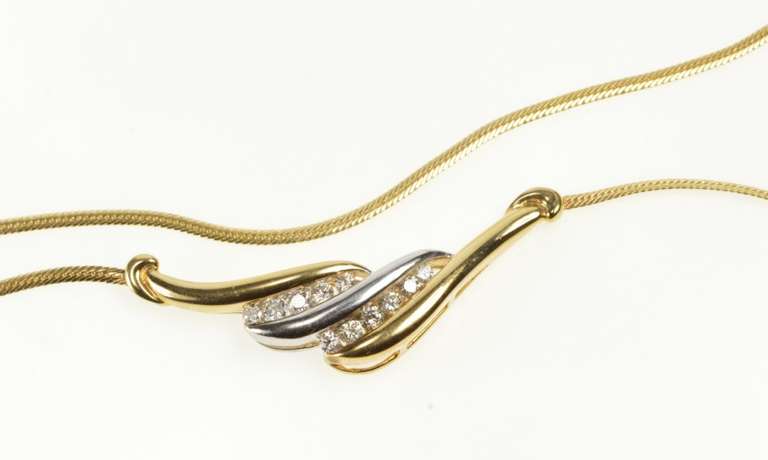 14K Yellow Gold Two Tone Diamond Wavy Channel Herringbone Necklace