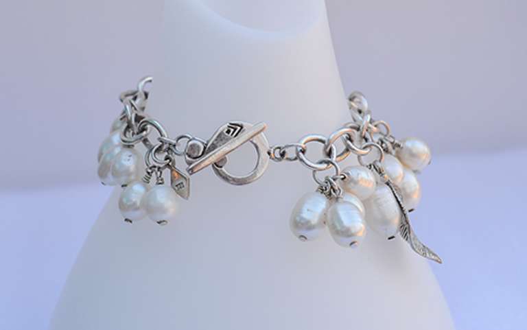 Silpada Sterling Silver Dangle Bracelet with Leaf Charms and Freshwater Pearls
