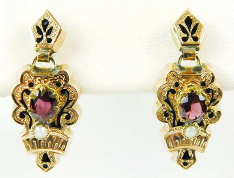 Victorian 14K Gold Garnet & Pearl Earrings