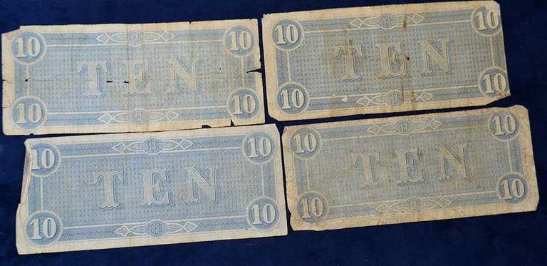 Lot of 4 Confederate Circulated 1864 Ten Dollar Notes
