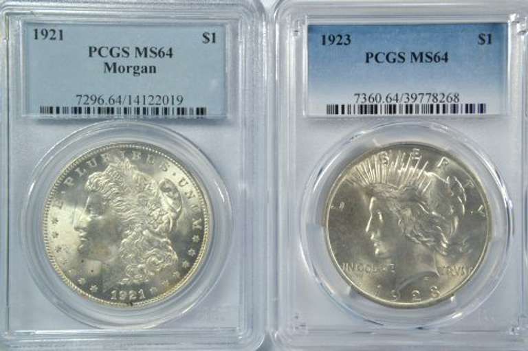 PCGS MS64 graded 1921 Morgan & 1923 Peace Silver Dollar