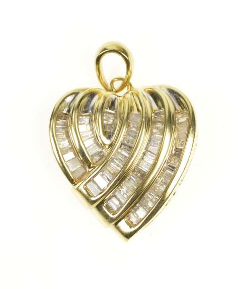 10K Yellow Gold 1.00 Ctw Baguette Diamond Channel Heart Pendant