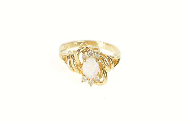 14K Yellow Gold Opal Diamond Accent Wavy Design Statement Ring