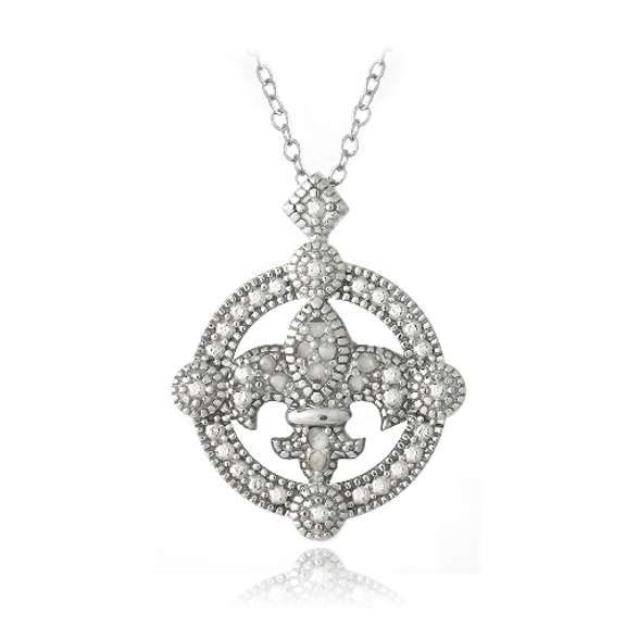 Sterling Silver 1/10ct Diamond Fleur De Lis Round Filigree Necklace