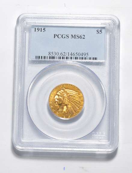 MS62 1915 $5.00 Indian Head Gold Half Eagle - Graded PCGS