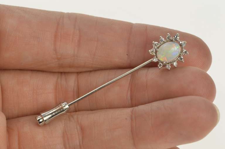 10K White Gold Oval Natural Opal Diamond Halo Stick Pin