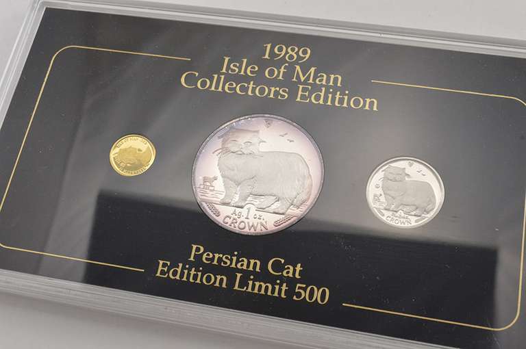(3) 1989 Isle Of Man Crown 1/25 Oz Gold, 1/5 Oz Platinum, 1 Oz Silver