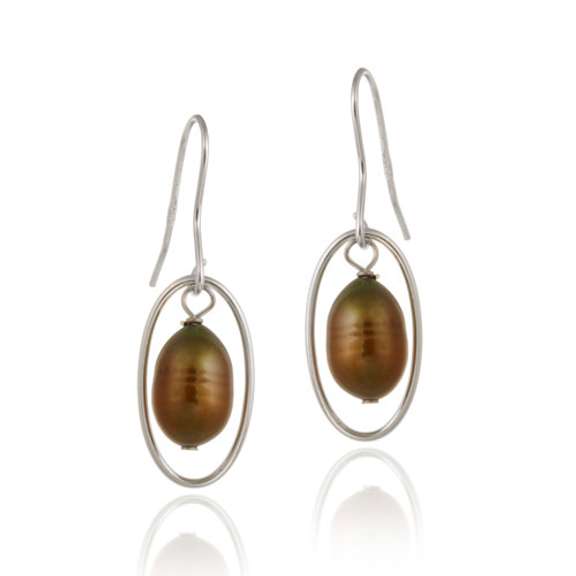 Sterling Silver Brown Freshwater Cultured Pearl Oval Dangle Earrings
