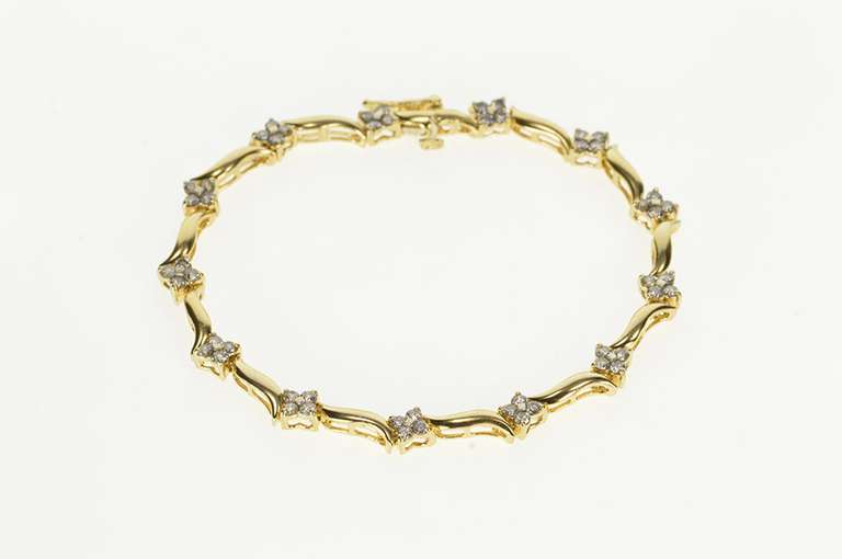 14K Yellow Gold 1.56 Ctw Floral Diamond Cluster Wavy Tennis Bracelet