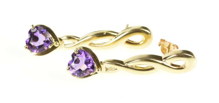 14K Yellow Gold Heart Amethyst Dangle Twist Bar Statement Earrings