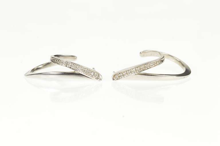 14K White Gold Diamond Curved Wavy Semi Hoop Dangle Earrings