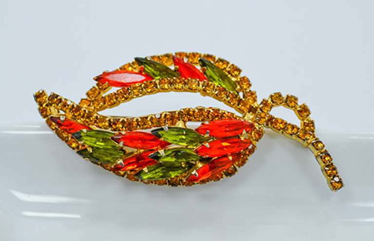 Vintage Leaf Shaped Brooch with Orange and Green Rhinestones