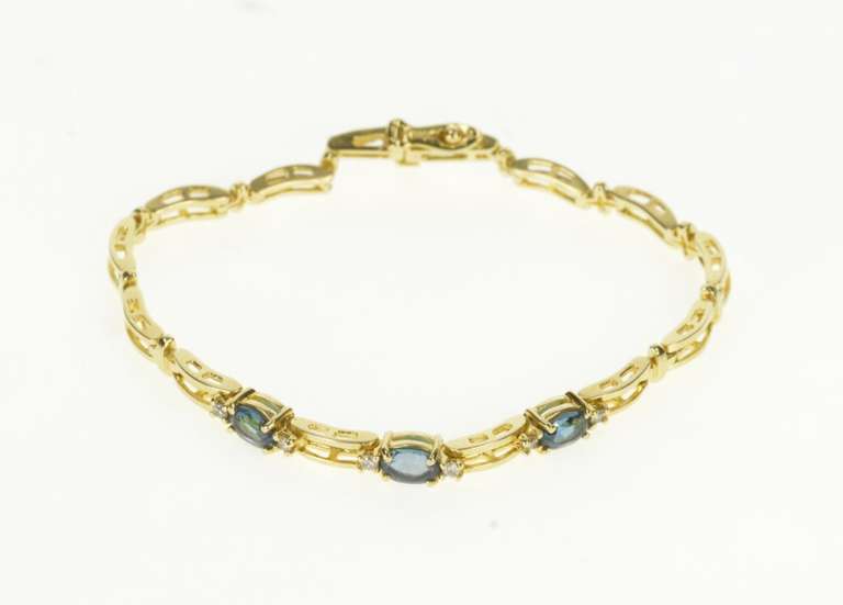 14K Yellow Gold Blue Topaz Diamond Accent Bar Link Tennis Bracelet