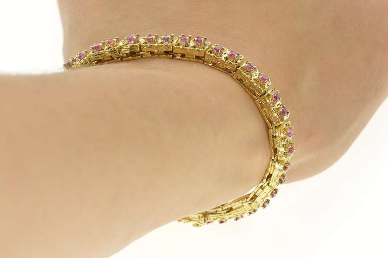 14K Yellow Gold Retro Floral Link Ruby Encrusted Statement Bracelet