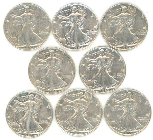 8 Assorted Upper end Walking Liberty Half Dollars 1940s