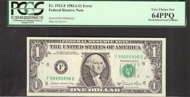 $1 1981-A Mismatch Serial numbers F98/99 PCGS 64PPQ