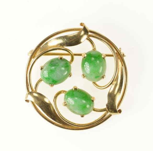 14K Yellow Gold Art Nouveau Jade Cabochon Floral Swirl Pin/Brooch