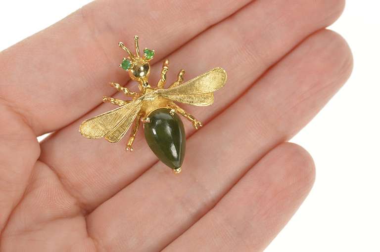 14K Yellow Gold Pear Nephrite Emerald Fly Bug Insect Retro Pin/Brooch