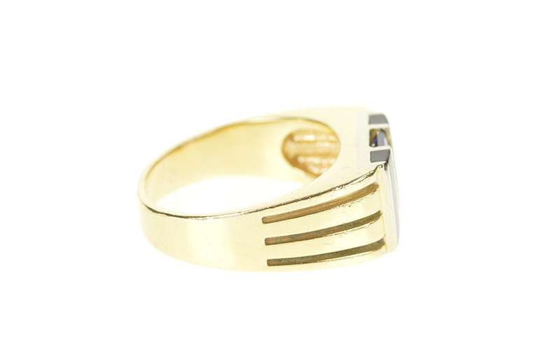 14K Yellow Gold Baguette Sapphire Black Onyx Squared Men's Ring