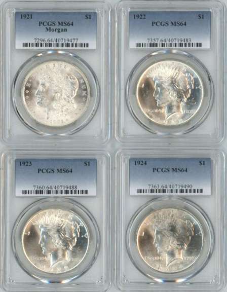 4 Near Gem BU Silver Dollars 1921 to 1924. PCGS MS64