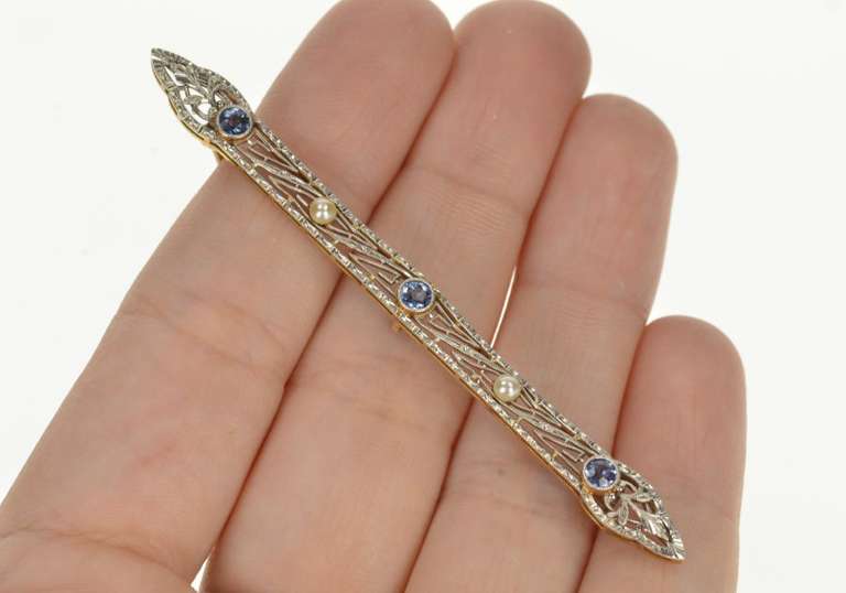 14K Yellow Gold Art Deco Filigree Iolite Seed Pearl Bar Pin/Brooch