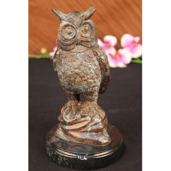 Owl Bird Bronze Sculpture on Marble Base
