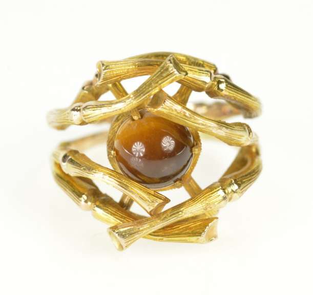 14K Yellow Gold Tiger's Eye 1960's Bamboo Statement Cocktail Ring