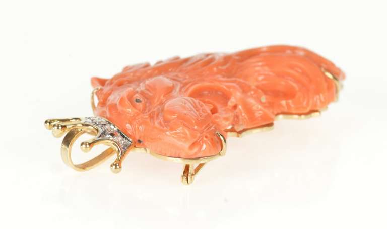 14K Yellow Gold Exquisite Coral Roaring Lion Diamond Crown Pendant/Pin