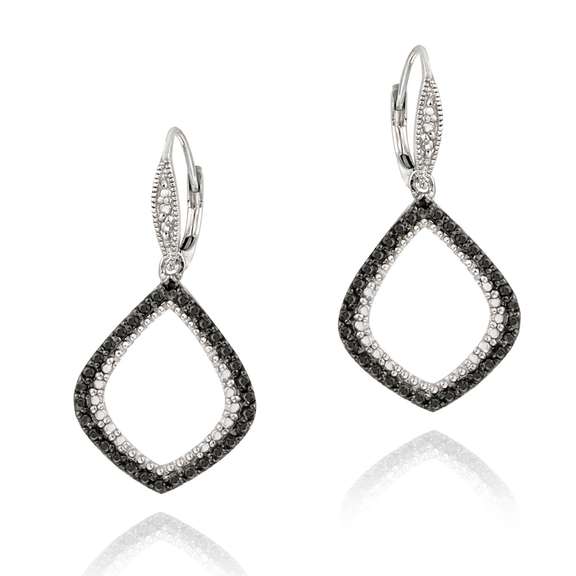 Sterling Silver Black Diamond Accent Teardop Dangle Leverback Earrings