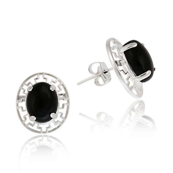 Sterling Silver and Onyx Greek Key Oval Stud Earrings