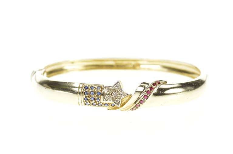 14K Yellow Gold Sapphire Ruby Diamond Patriotic Star Bangle Bracelet